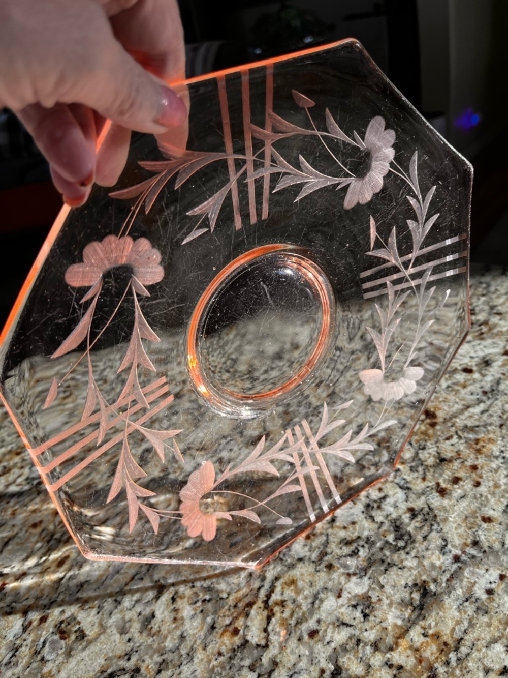 Vintage Pink Depression Glass Etched Floral Plate 10” Octagon Serving Dish